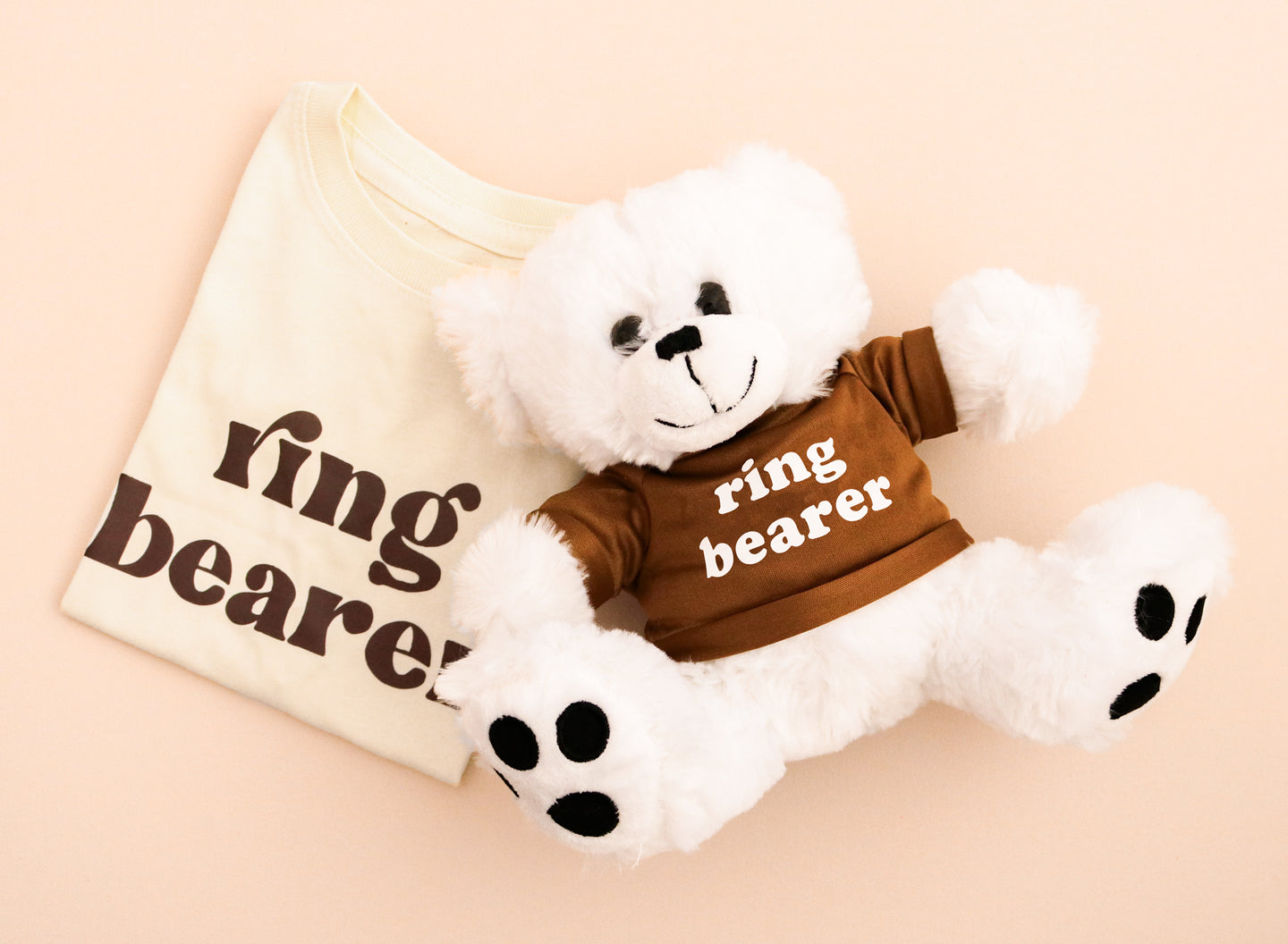 Personalized White Plush Bear w/ brown Tshirt. Great Ring boy gift